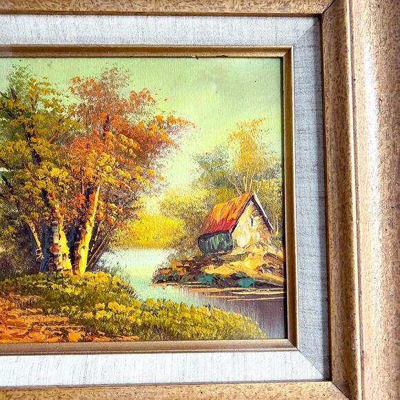 Vintage 10x8in River Bank Forest Still Life Oil Painting Wood Gold Frame Sunset - Picture 3 of 10
